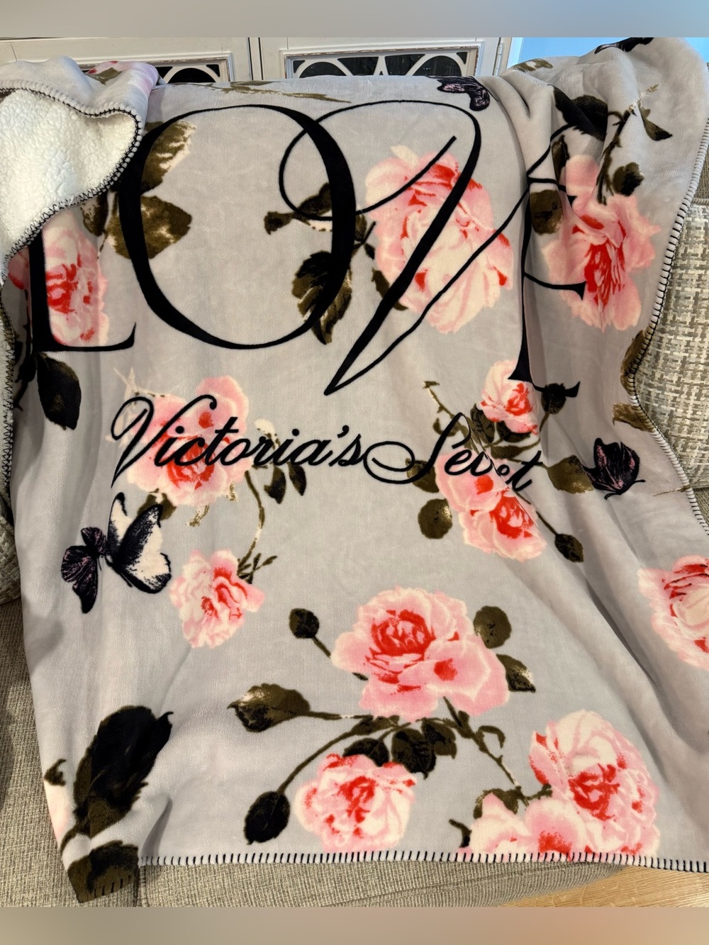 Victoria's Secret Gray Floral Plush Throw with Pink Roses